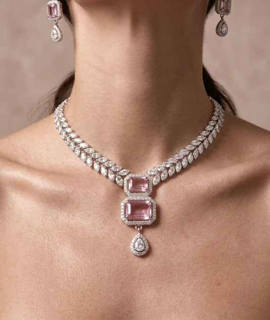 Soft Pink tear drop Necklace Earring set